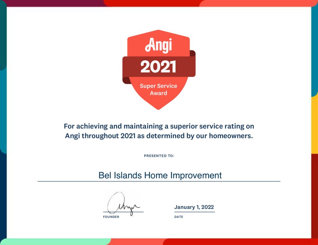 Certificate of the Angi 2021 Super Service Award presented to Bel Islands Home Improvement, in recognition of superior service ratings during 2021. The certificate, highlighting excellence in roofing and siding, features the Angi logo, recipient's name, founder's signature, and date of January 1, 2022.