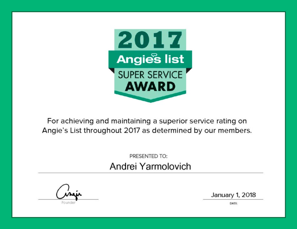 Certificate with a green border reads "2017 Angie's List Super Service Award" with the name "Andrei Yarmolovich" printed below, and the date "January 1, 2018." Recognizing excellent roofing and siding services throughout 2017. Signature of the founder is at the bottom left.