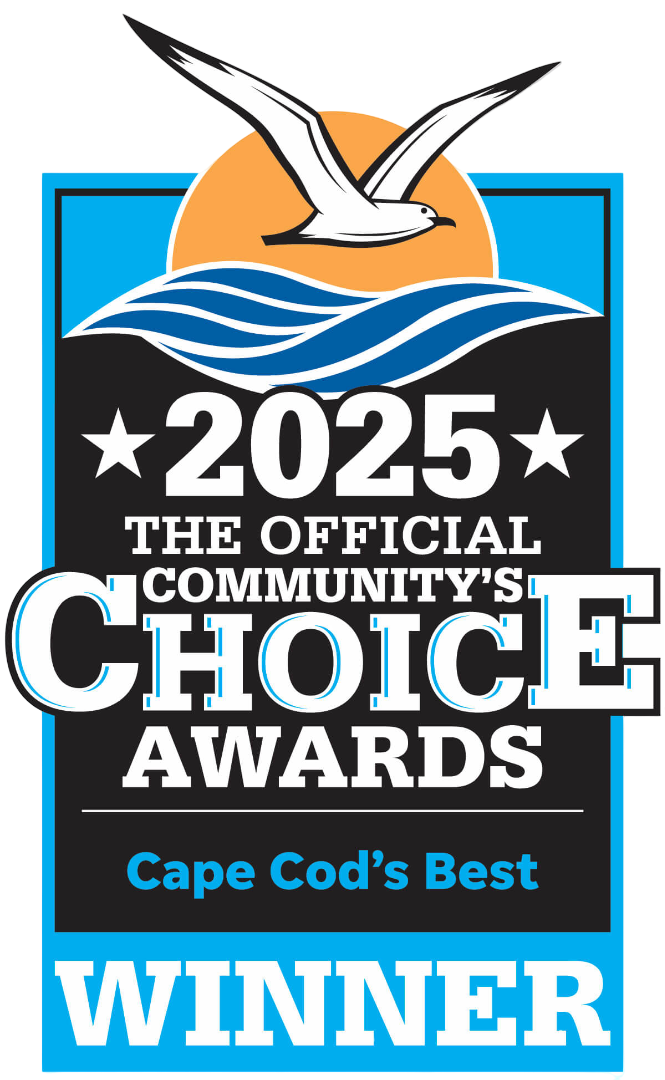A badge with a seagull over waves and the sun, text reads: "2025 The Official Community's Choice Awards, Cape Cod's Best, Winner.