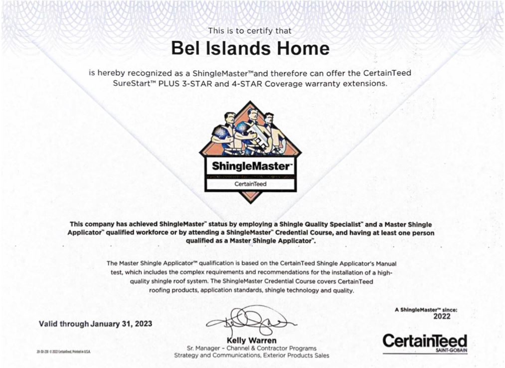 Certificate recognizing Bel Islands Home as a ShingleMaster, granting the ability to offer CertainTeed SureStart™ PLUS 3-STAR and 4-STAR warranty extensions on roofing and siding. Signed by Kelly Warren, CertainTeed. Valid through January 31, 2023.