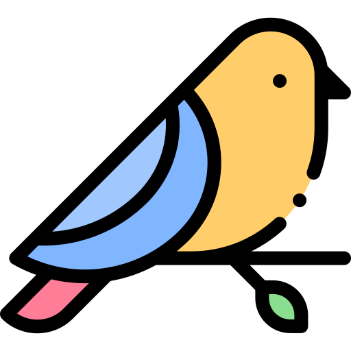 Illustration of a small bird with a simple, cartoonish design. The bird has a yellow head, a blue body with black outlines, a pink tail, and is perched next to some roofing siding with a small green leaf nearby. The overall style is minimalist and colorful.