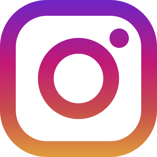 Instagram logo: A rounded square with a gradient color scheme (purple, pink, orange, and yellow) featuring a circular camera outline and a small circle in the top right corner, representing the camera lens.