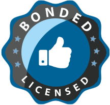 A circular badge with a black outer ring featuring silver stars. Inside, a blue circle with a white thumbs-up symbol. The words "BONDED," "LICENSED," and "Roofing Siding" are written in white on the black ring.