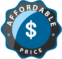A badge with a dark outer ring and a blue center displays the words "AFFORDABLE PRICE" in white letters around a white dollar sign symbol in the middle, ideal for roofing siding services. There are small stars on either side of the badge.