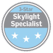 A round, blue and gray badge with a serrated edge. Inside, it reads "3-Star Skylight Specialist" in white text. Below the text, there are three white stars on a blue background.