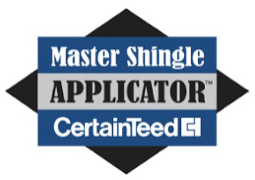 Master Shingle Applicator CertainTeed" logo with a blue and black color scheme. The words "Master Shingle" are in white on a blue background, "Applicator" in black on a gray stripe, and "CertainTeed" in white with a blue icon next to it on a blue background.