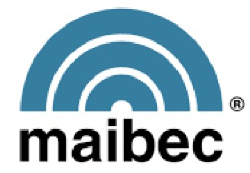 The Maibec logo features a stylized image of three nested blue arcs resembling a tree growth ring, with a small circular dot at the center. Below the arcs, the word "maibec" is written in lowercase black letters.