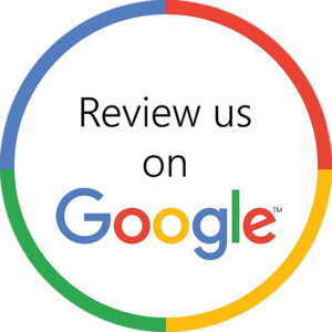 A circular image with a white background and border segments colored green, yellow, red, and blue. The text in the center reads, "Review us on Google," with the word "Google" in its multicolored logo font.