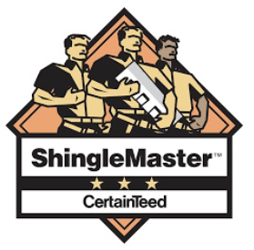 Logo for ShingleMaster by CertainTeed, displaying three stylized workers in work attire within an orange diamond shape. The text "ShingleMaster" is accompanied by three stars below, and "CertainTeed" at the bottom.