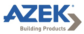 The image shows the logo of "AZEK Building Products." The word "AZEK" is written in bold blue letters, with a stylized 'A' and an arrow pointing to the right. Below "AZEK," the words "Building Products" are written in smaller brown letters. The entire logo is set against a white background.
