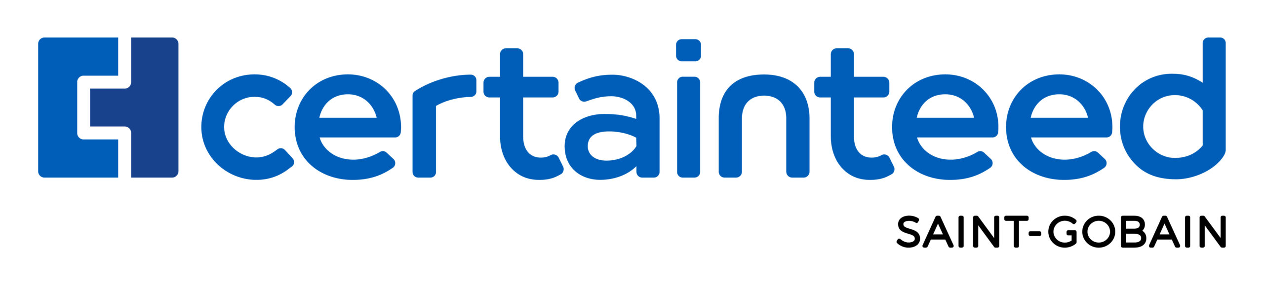 Logo of CertainTeed, a manufacturer of building materials. The logo features the word "CertainTeed" in blue lowercase letters with a stylized "C" composed of geometric shapes on the left. Below "CertainTeed" is the name "Saint-Gobain" in smaller black uppercase letters.