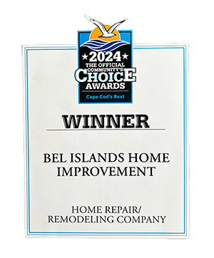 Certificate displaying "2024 The Official Community's Choice Awards Cape Cod's Best" logo at the top. The text below reads "WINNER: Bel Islands Home Improvement, Home Repair/Remodeling Company.