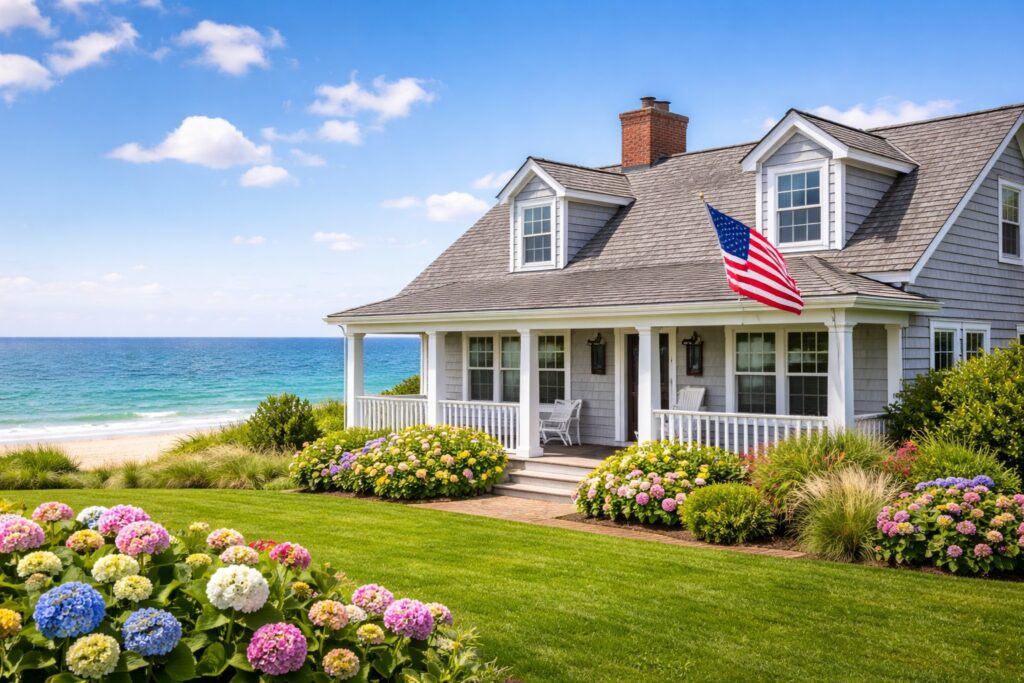 A charming house with a front porch and American flag overlooks the ocean. The yard has green grass and colorful hydrangea bushes. The sky is blue with scattered clouds.