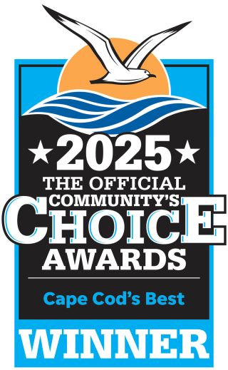 A badge with a flying seagull, waves, and a sun, reading "2025 The Official Community’s Choice Awards, Cape Cod’s Best, Winner" in bold black, white, and blue text.